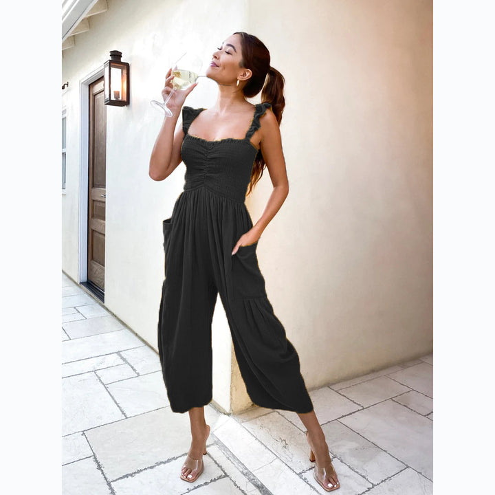 Dame Casual Jumpsuit med Frynset Skulderstropper og Praktiske Lommer