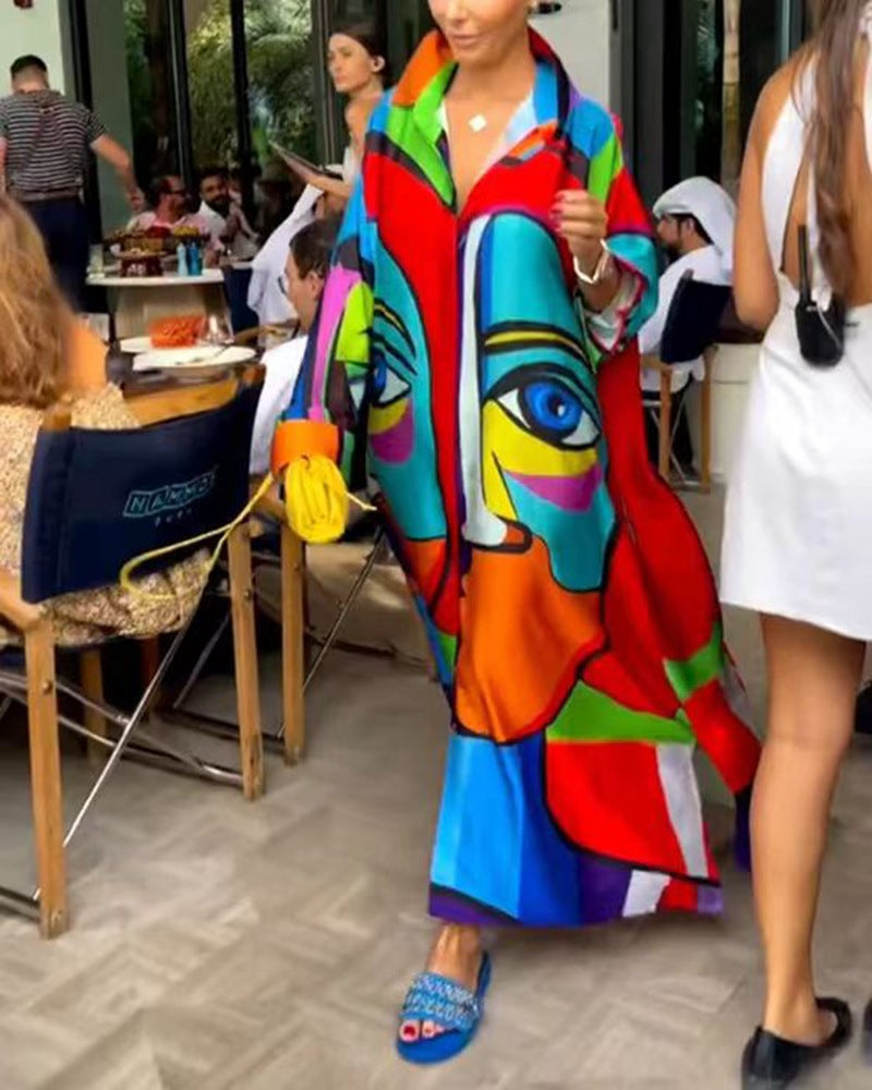 Kvinne Plus Size Strandfrakk med Fargerik Grafisk Trykk Skjora