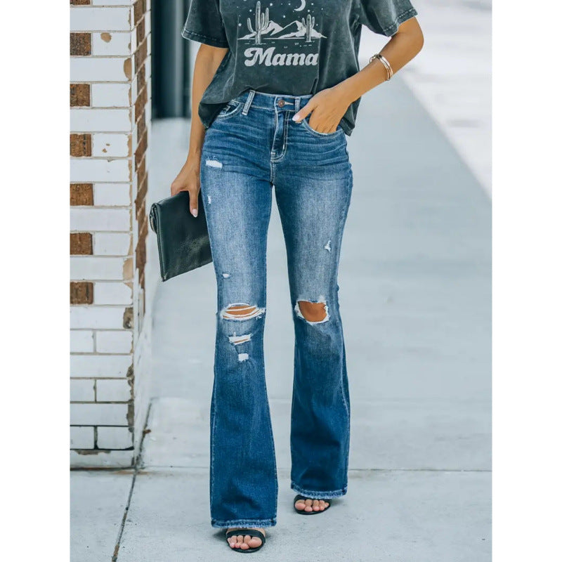 Dame Flared Jeans i vintage-stil med avslappet destroyed-effekt Skjora