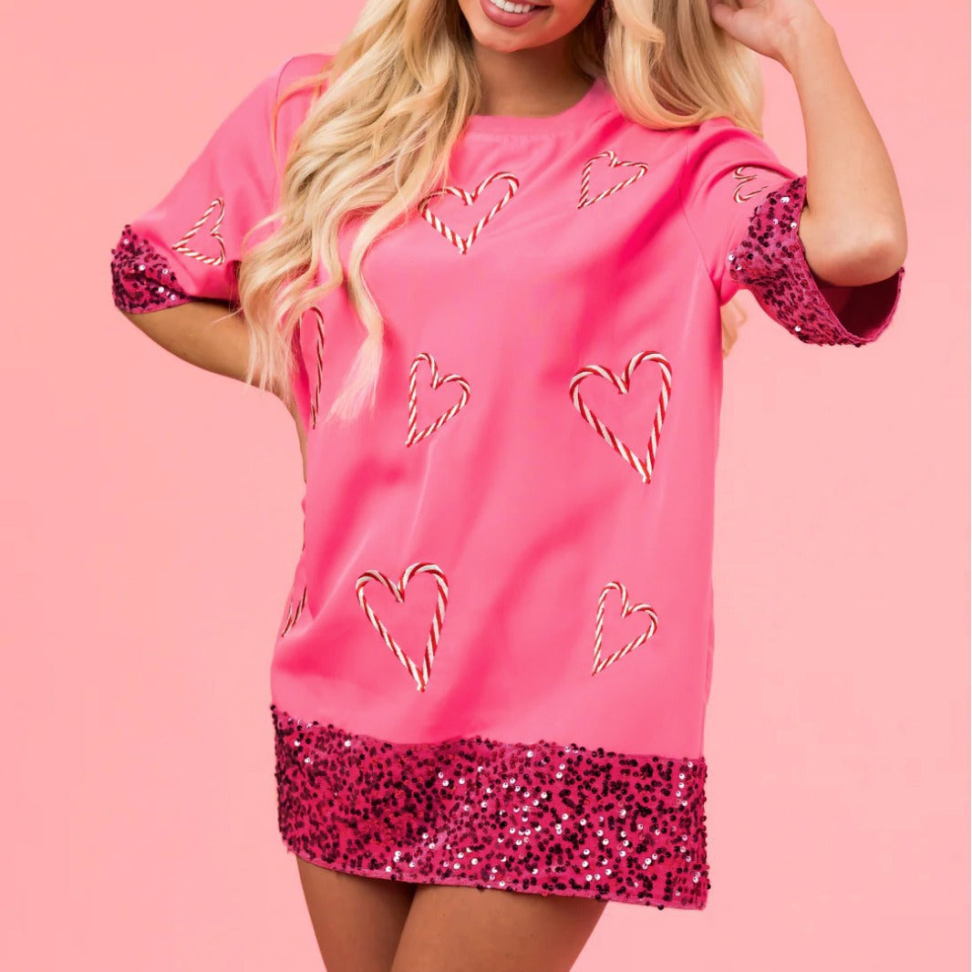 Dame Oversized T-skjorte med glitrende ermer og hjerte-mønster Skjora