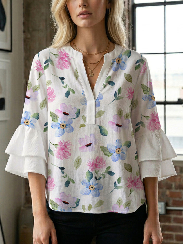 Damer elegant bluse skjorte med voluminøse rysjermer og grafisk blomsterdesign Skjora
