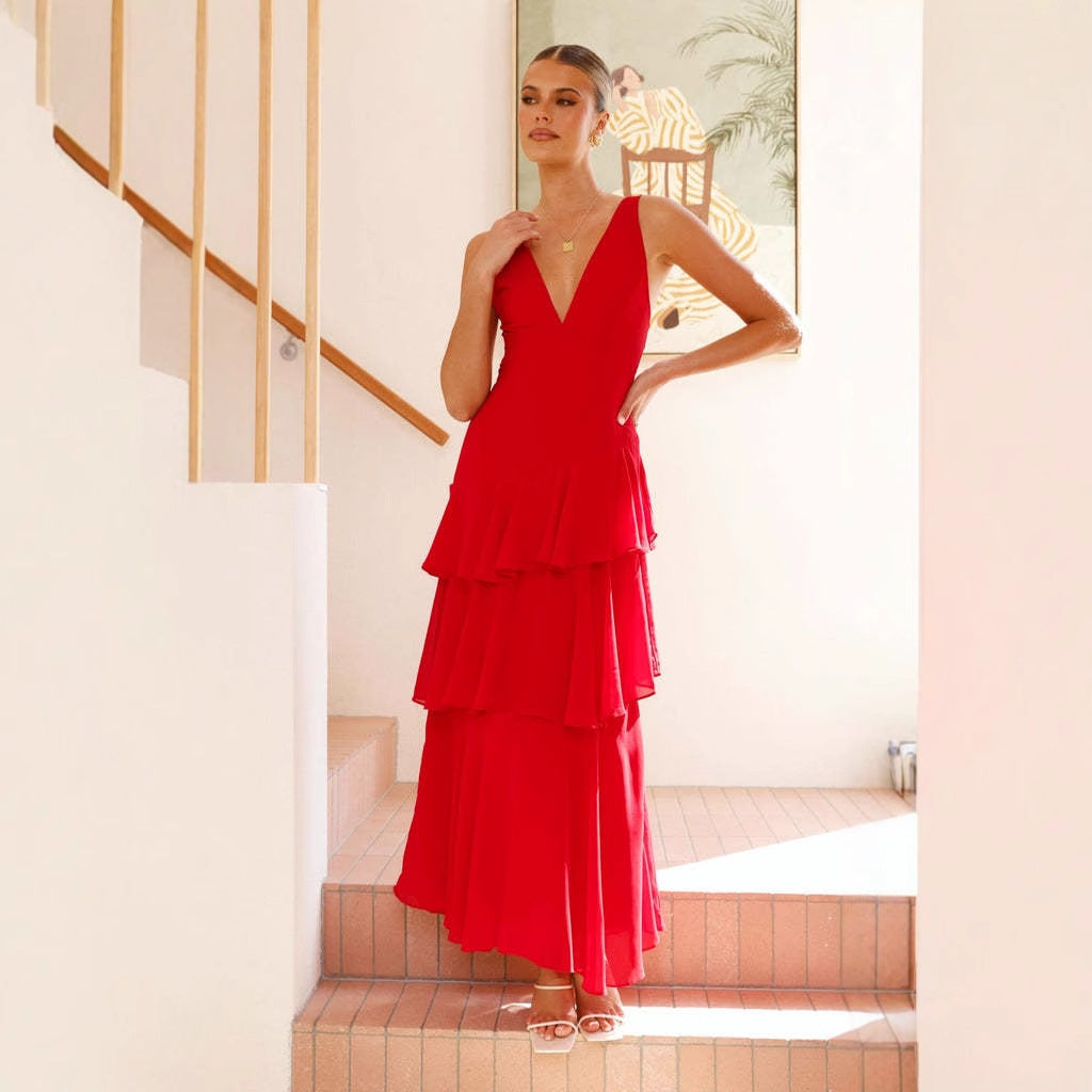 Kvinne Elegant Maxi Kjole med Rysjer og Dyp V-Hals