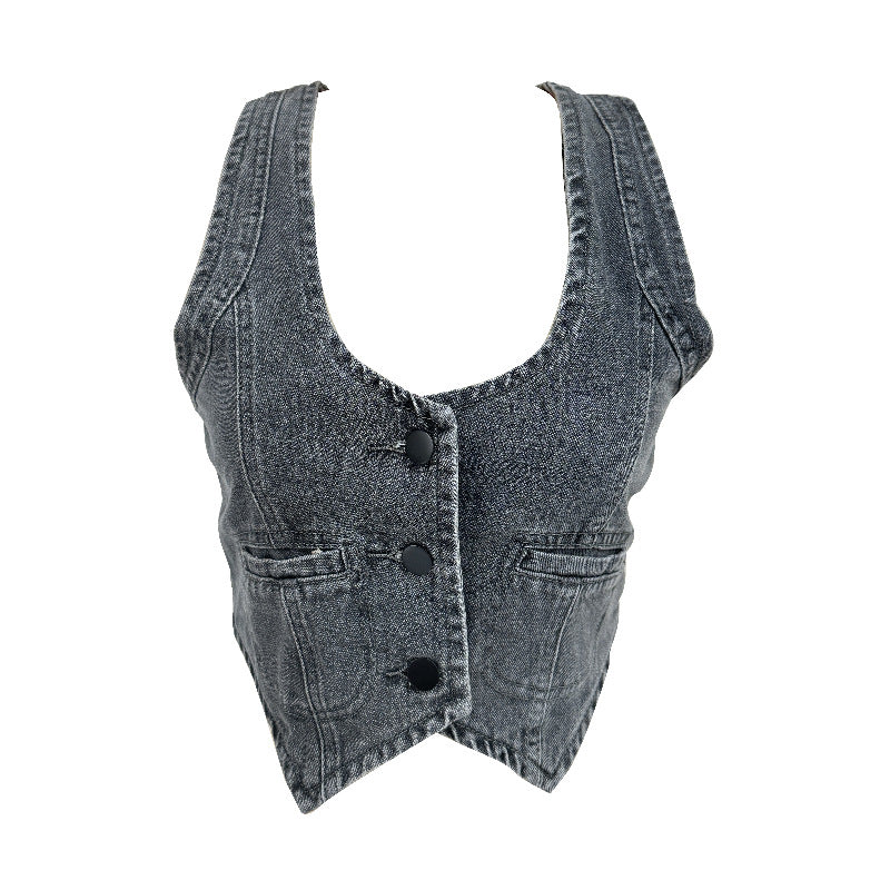 Dame Denim vest med moderne V-hals og praktiske lommer Skjora