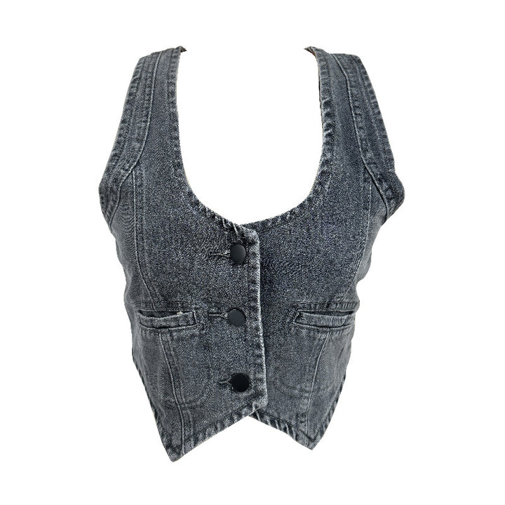 Dame Denim vest med moderne V-hals og praktiske lommer Skjora