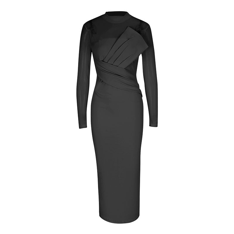 Damer Elegant Langermet Midi-Kjole med raffinerte draperinger og kroppsbetont silhuett Skjora