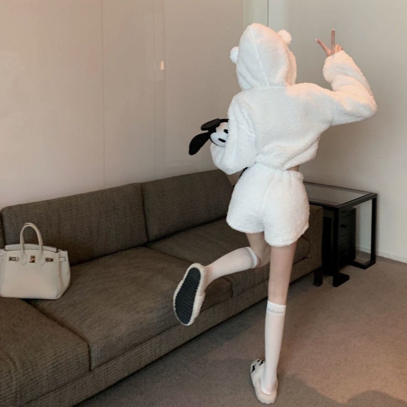 Kvinnes koselige hoodie-sett med ører og elastisk midjebånd
