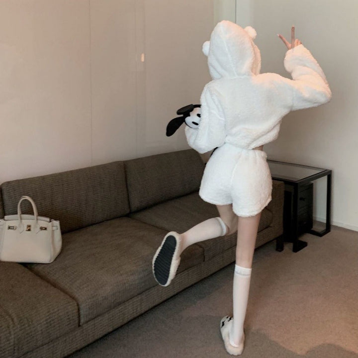 Kvinnes koselige hoodie-sett med ører og elastisk midjebånd