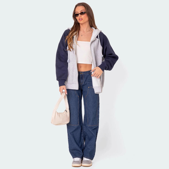 Kvindernes brede snit utility jeans med praktiske lommer og høj talje