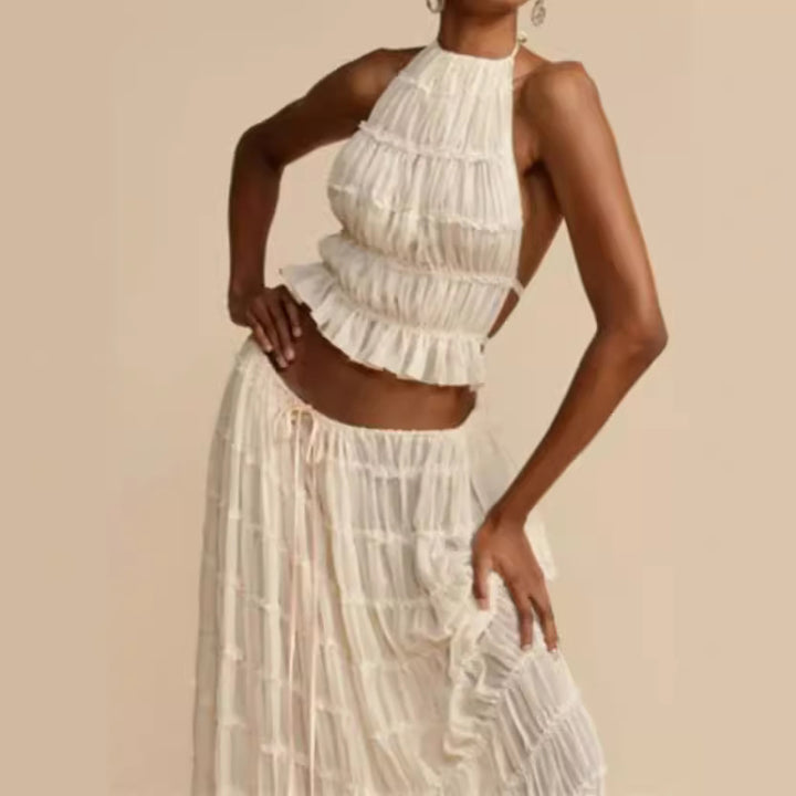 Damer elegant Maxikjole med volangdetaljer og cut-out-elementer Skjora