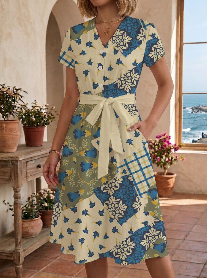 Damen Sommerliches Kleid mit taillierbarem Bindegürtel und floralem Muster Skjora