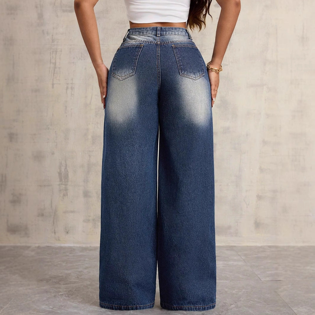 Kvinne bred denim jeans med blomsterbroderi Skjora