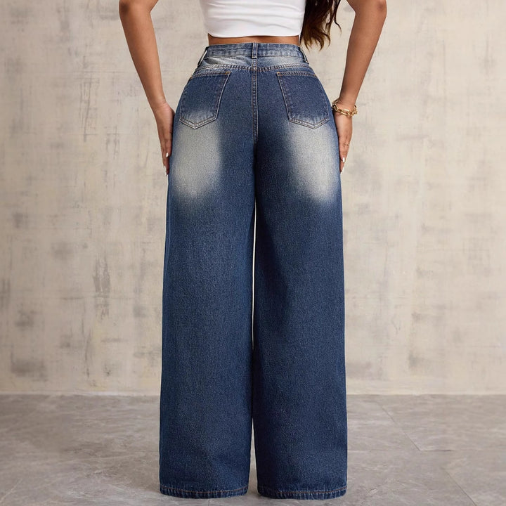 Kvinne bred denim jeans med blomsterbroderi Skjora