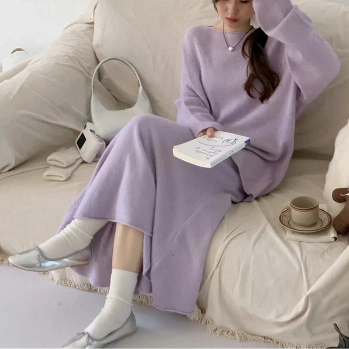 Kvinne Off-Shoulder Strikk Kjole i Casual Stil med Flytende Snitt Skjora