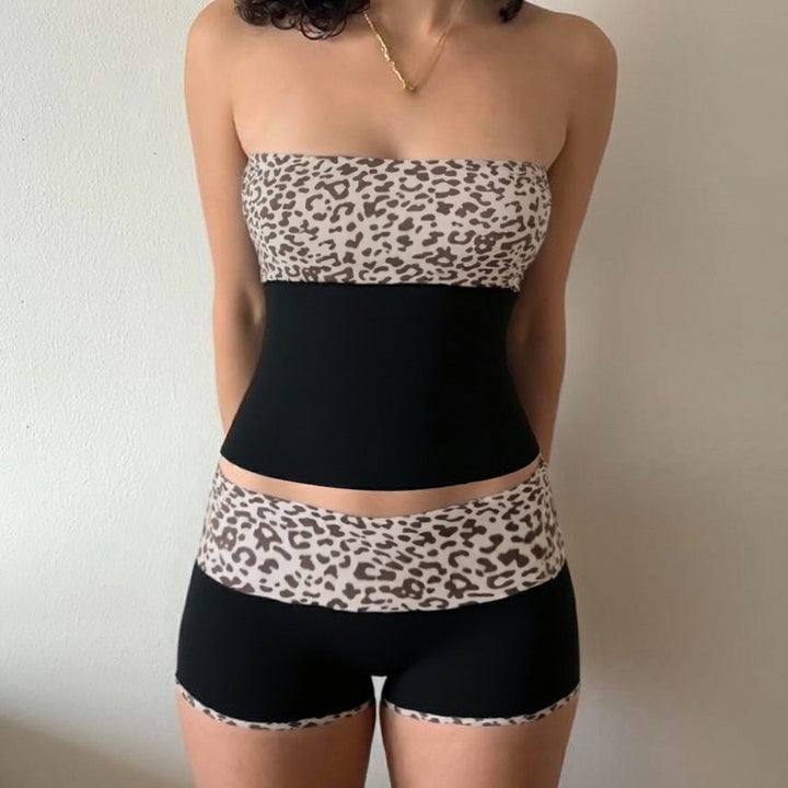 Dame Sporty Crop-Top og Shorts-sett i moderne leopardmønster Skjora