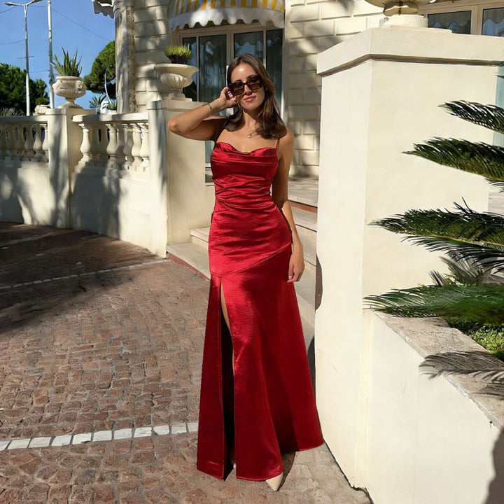 Women's Elegant Evening Dress with Side Slits and Ruched Design Skirt
