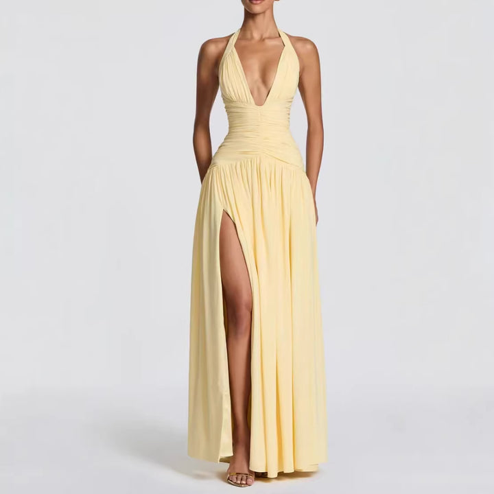 Dame Elegant Maxi Kjole med Innvikningsdesign og V-hals