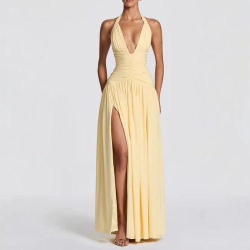Dame Elegant Maxi Kjole med Innvikningsdesign og V-hals