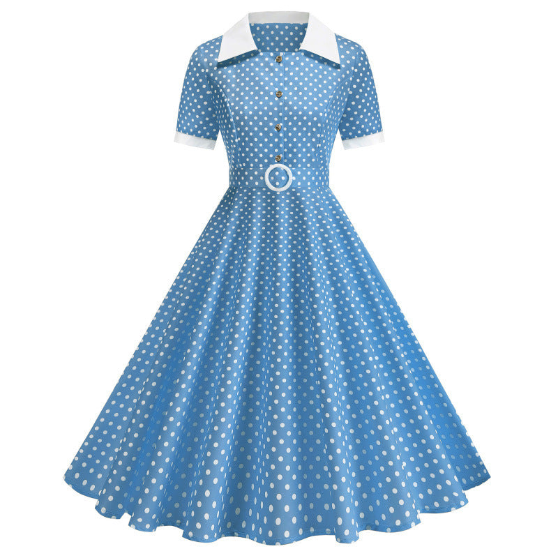 Dame Vintage Polka-Dot Kjole med knappdetaljer og svajende skjørt Skjora