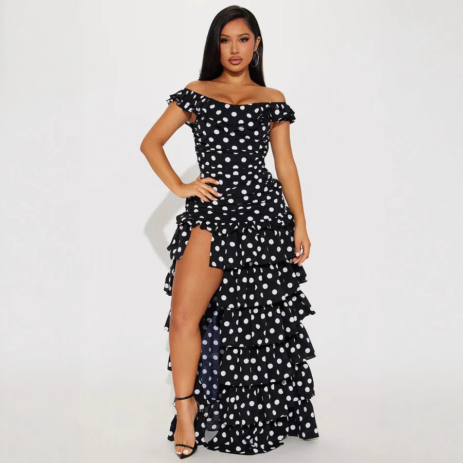 Dame Off-Shoulder Maxikjole med Volanger og spennende Slitt Skjora