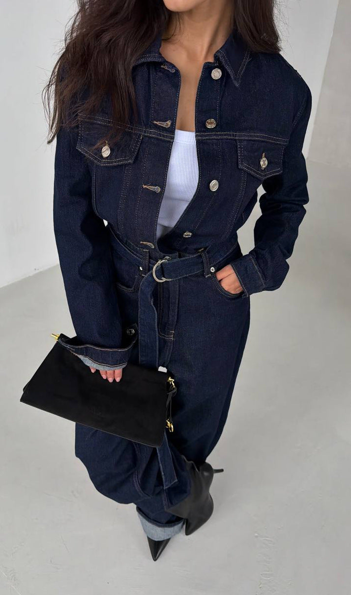 Dame langermet denimkjole med tilpasset passform og avtakbart belte Skjora