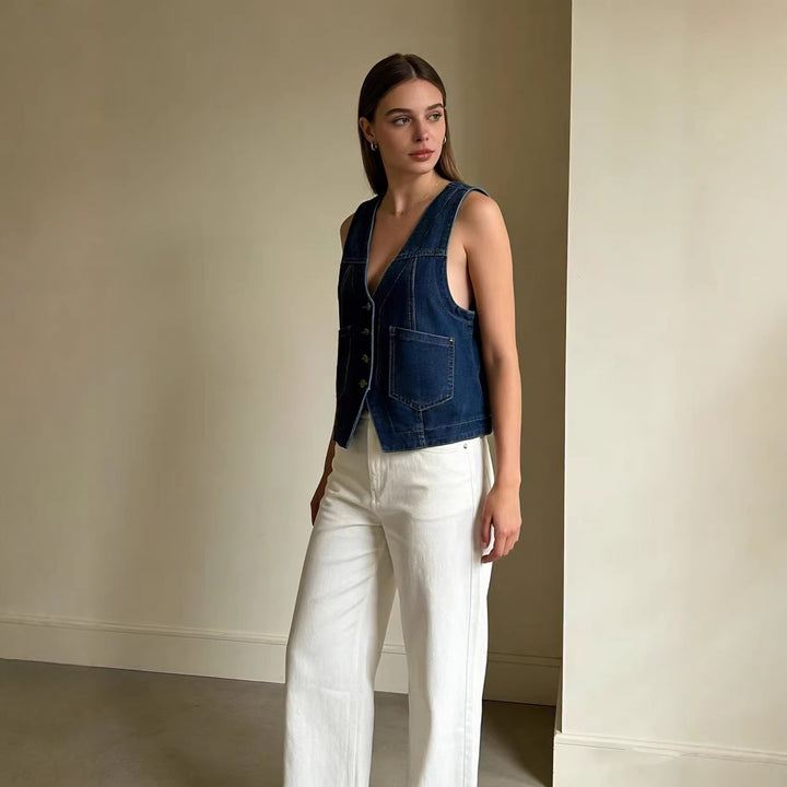 Damer casual denim vest med knappdetaljer og påsydde lommer Skjora