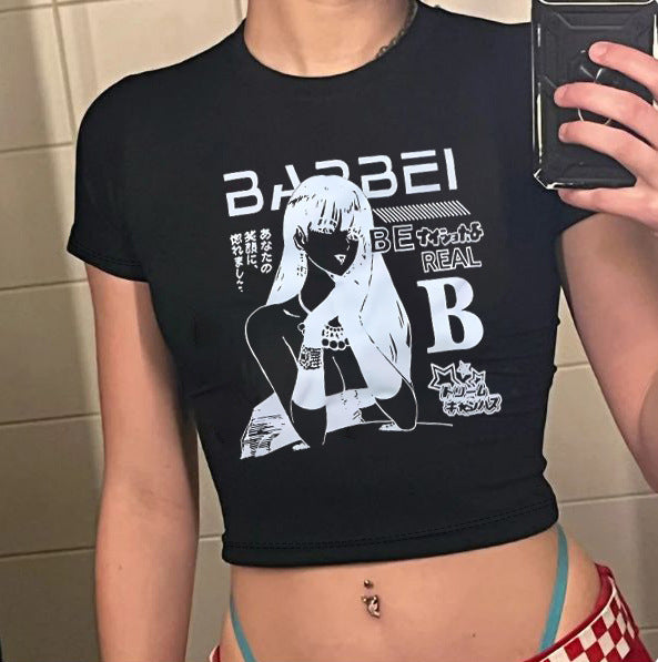 Dame Crop-T-skjorte med kreativt skjelettdesign og inspirerende tekst Skjora
