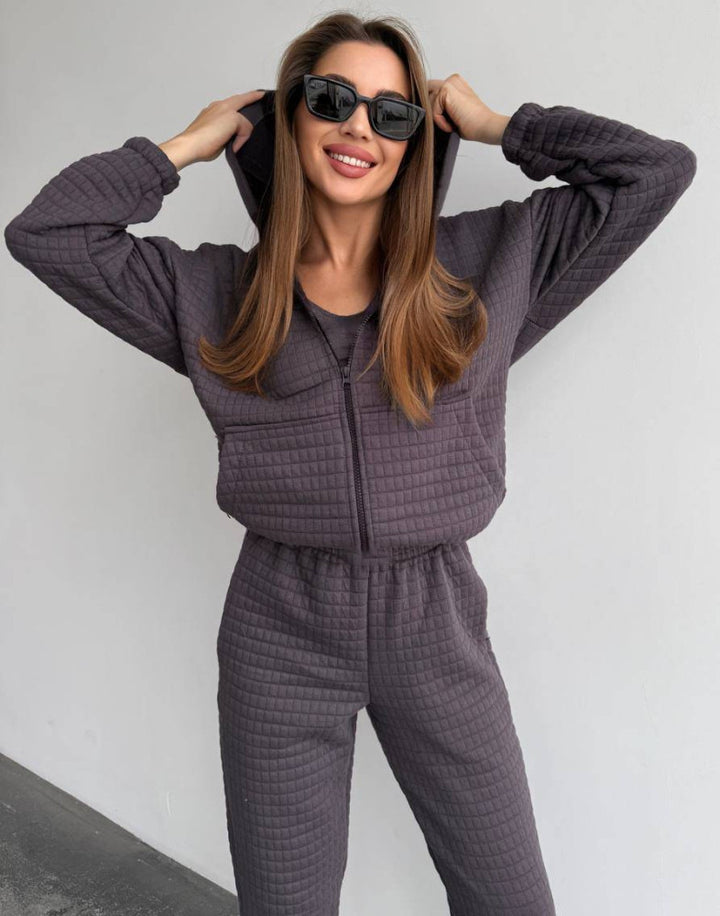 Kvinners komfortable loungewear-sett med teksturert topp og elastisk midjebånd Skjora