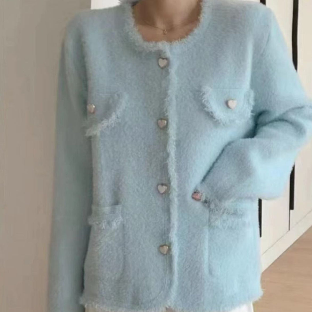Kvinne Fluffy Kardigan med Hjerte Detaljer Skjora