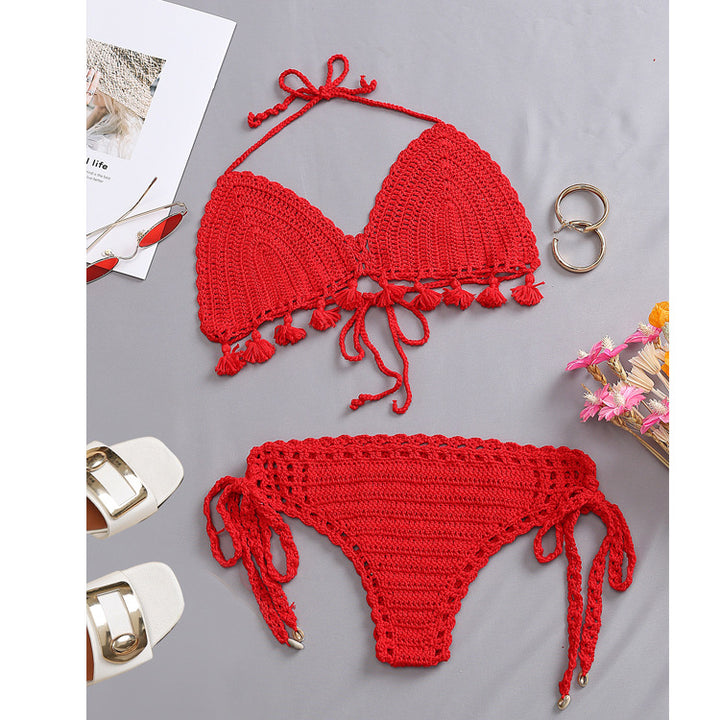 Damen Häkel-Bikini-Set mit fransigen Akzenten und verstellbaren Trägern Skjora