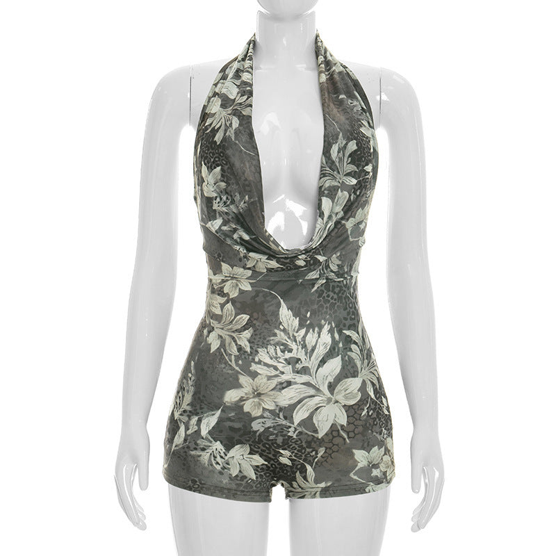 Dame Bodycon Playsuit med dyp utringning og dyreprint Skjora