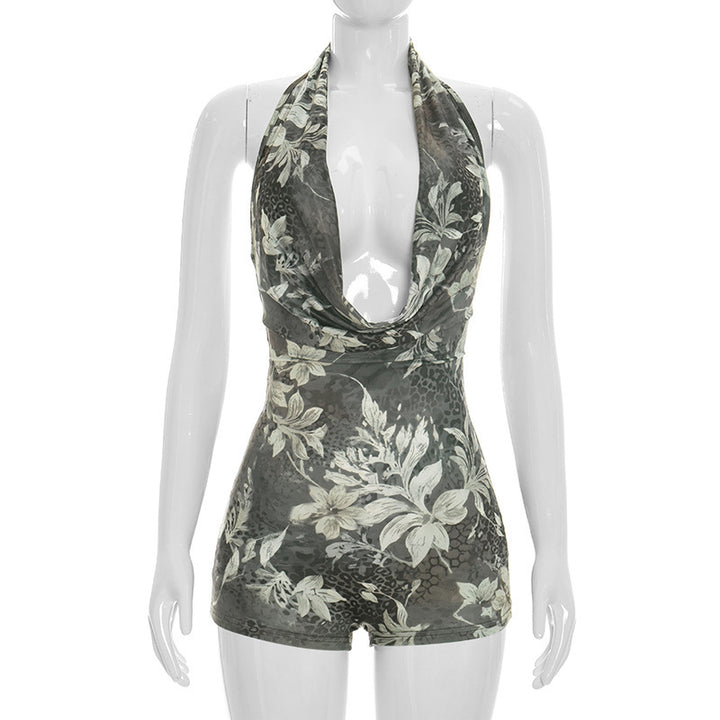 Dame Bodycon Playsuit med dyp utringning og dyreprint Skjora