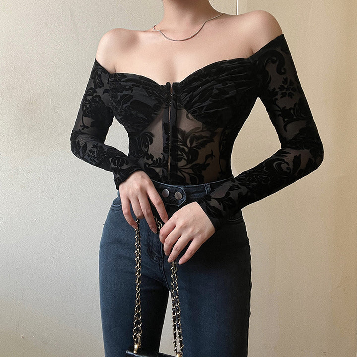 Dame spitze bustier med skulderfri design og lange ermer Skjora