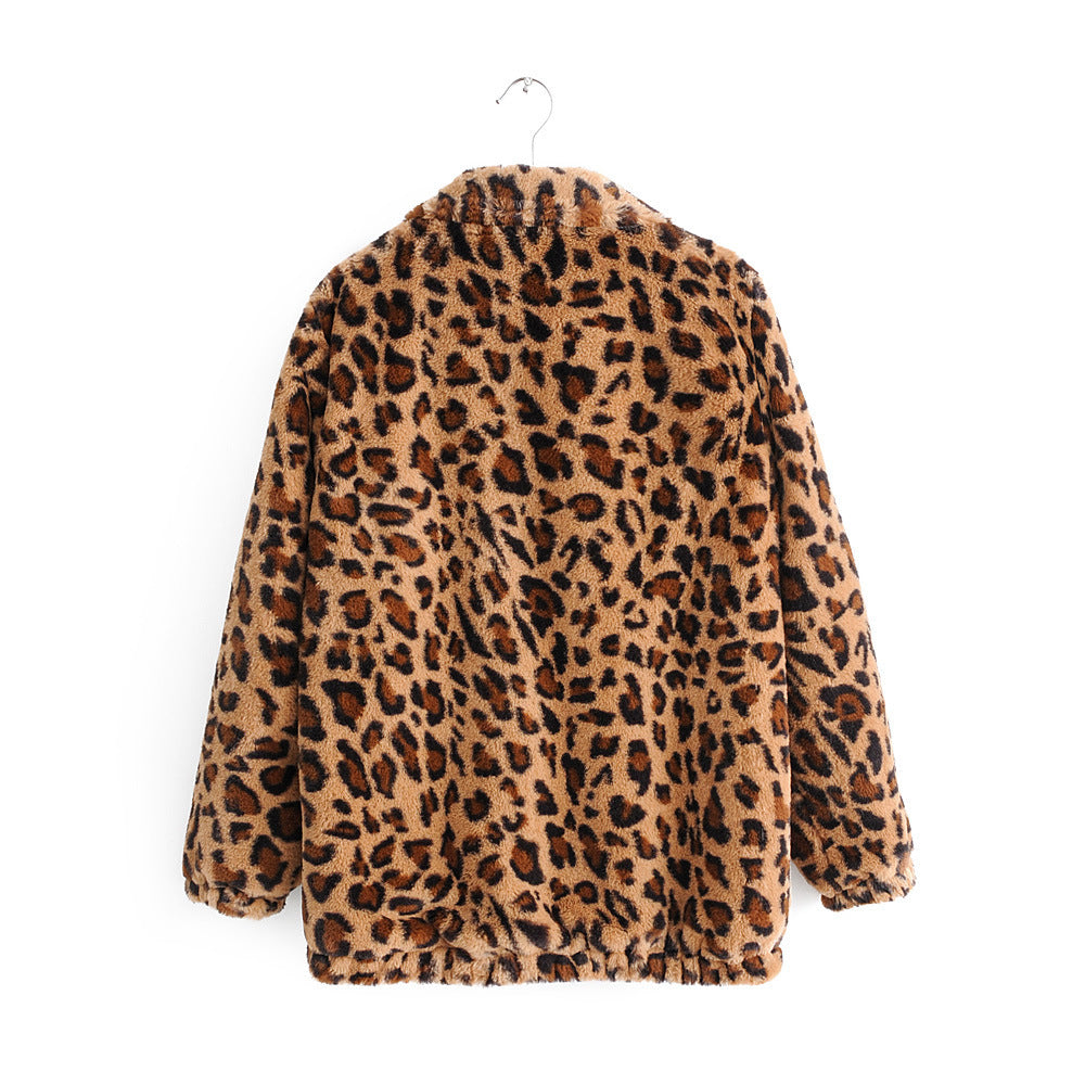 Kvinne Fluffy Leopard Print Jakke med Glidelås Skjora