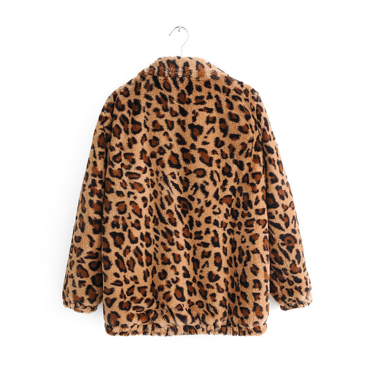 Kvinne Fluffy Leopard Print Jakke med Glidelås Skjora
