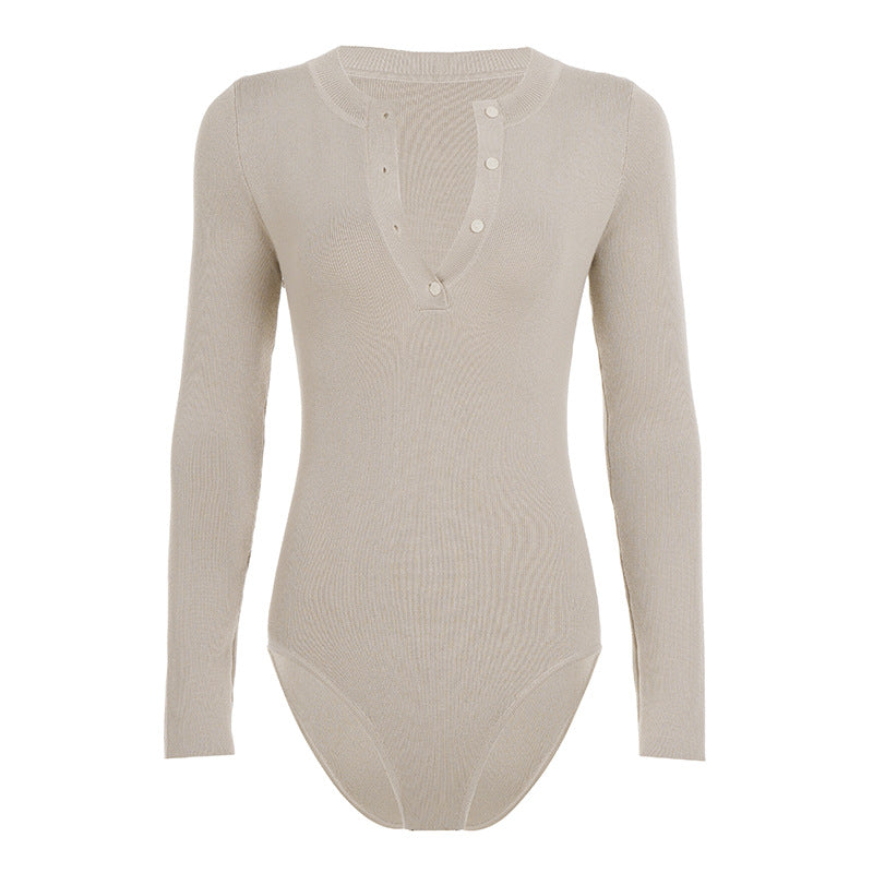 Dame Langermet Bodysuit med knappe detalj og strukturert materiale Skjora