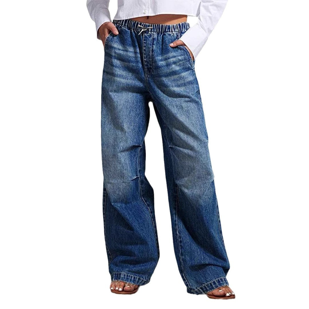 Kvinners vide denimbukser med elastisk midje og høye lommer Skjora