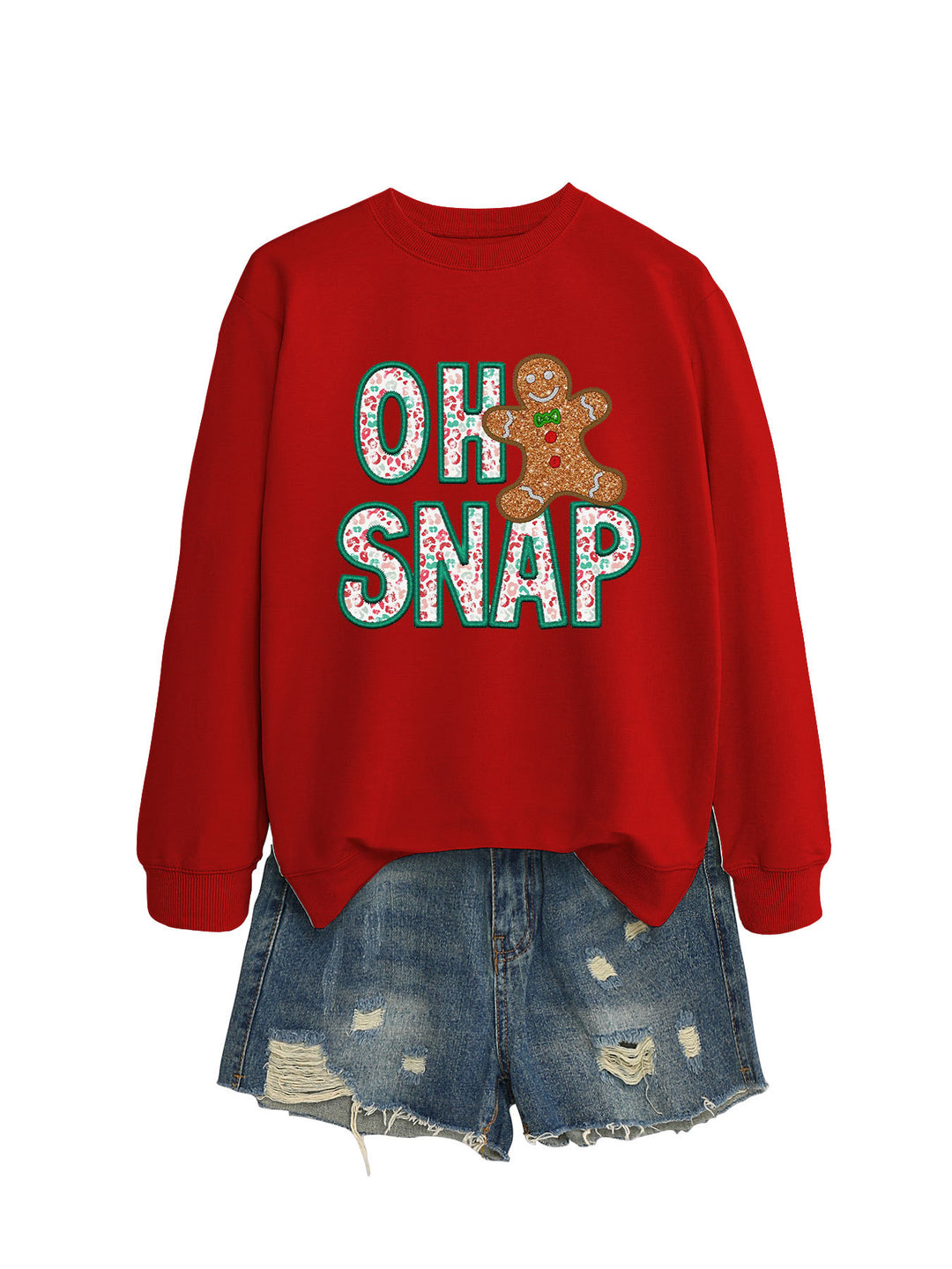 Dame sweatshirt med morsomt pepperkakemannmotiv og glitrende bokstaver Skjora