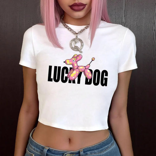Damer Crop-Top T-shirt med morsom ballonghund-design Skjora