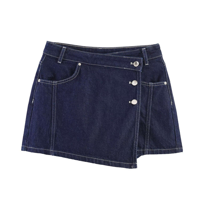 Damer denim-miniskjørt i asymmetrisk snitt med dekorative knapper Skjora