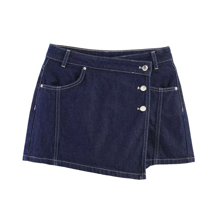 Damer denim-miniskjørt i asymmetrisk snitt med dekorative knapper Skjora