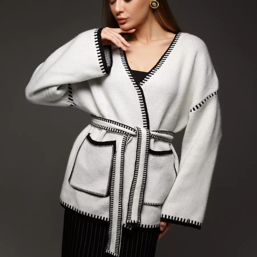 Damer Fashionable Strikket Cardigan med Midjebelte og Original Lomme-design Skjora