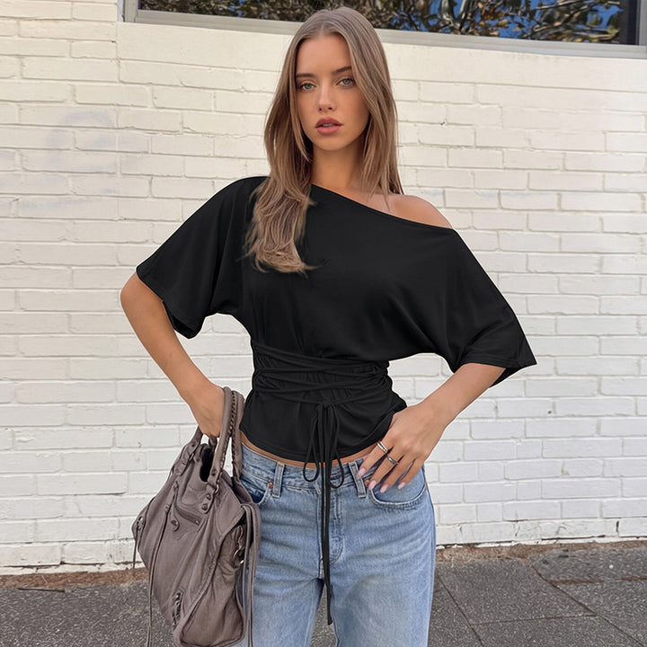 Damer asymmetrisk crop-top med vid skjæring og flytende ermer Skjora