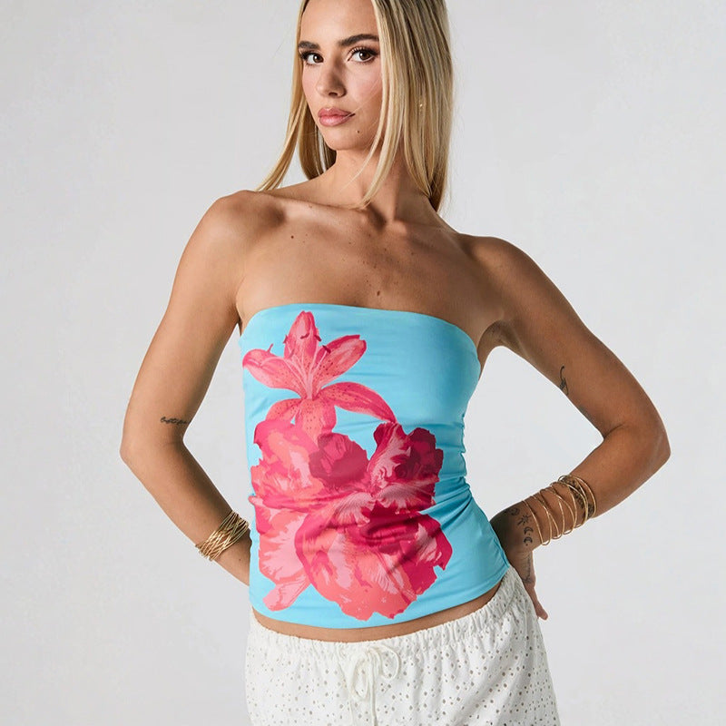 Dame Bandeau-top med blomstermønster og elastisk stoff Skjora