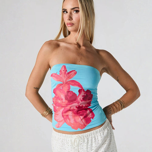Dame Bandeau-top med blomstermønster og elastisk stoff Skjora