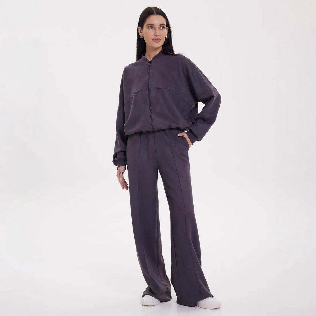 Kvinne Elegant og Casual Lounge Sett med Høy Krage og Vid Ben Skjora