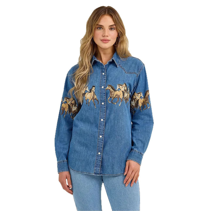 Dames denim skjorte med kreativ hestedesign og høy kvalitet bomullsblanding Skjora