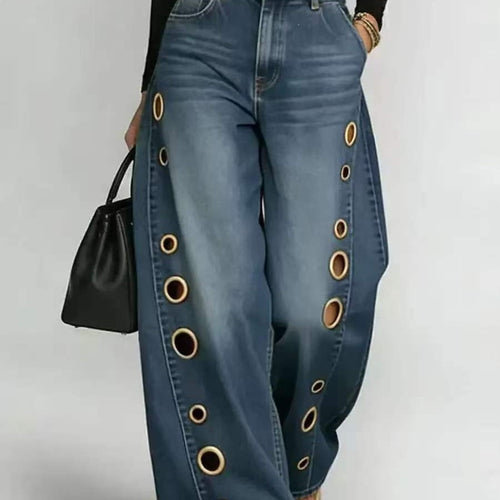 Kvinnenes vide jeans med dekorative øyler og høy midje Skjora