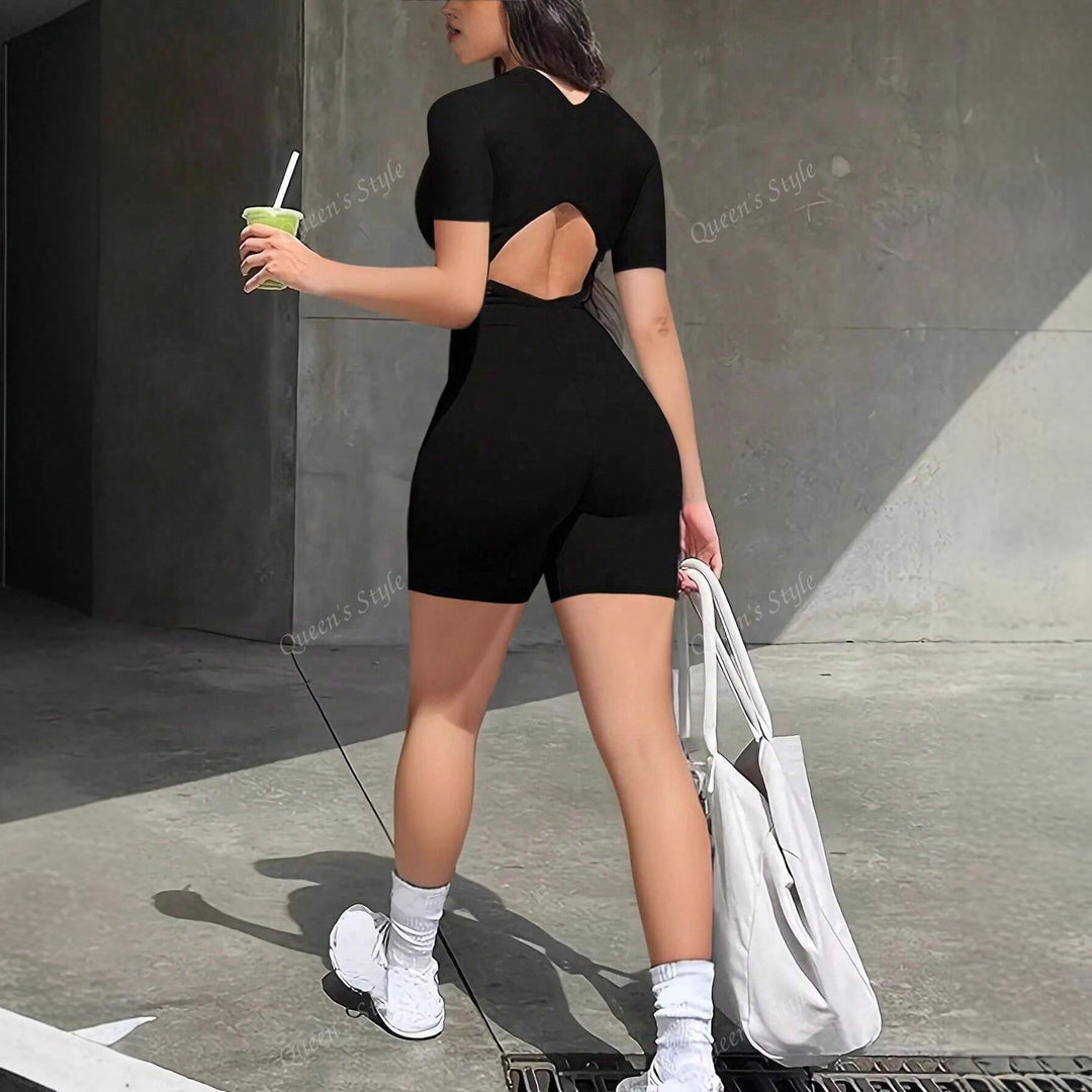 Dame Bodycon Jumpsuit med kort arm og glidelås Skjora