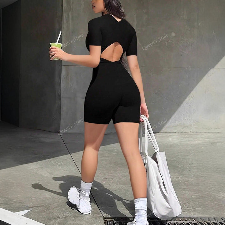 Dame Bodycon Jumpsuit med kort arm og glidelås Skjora