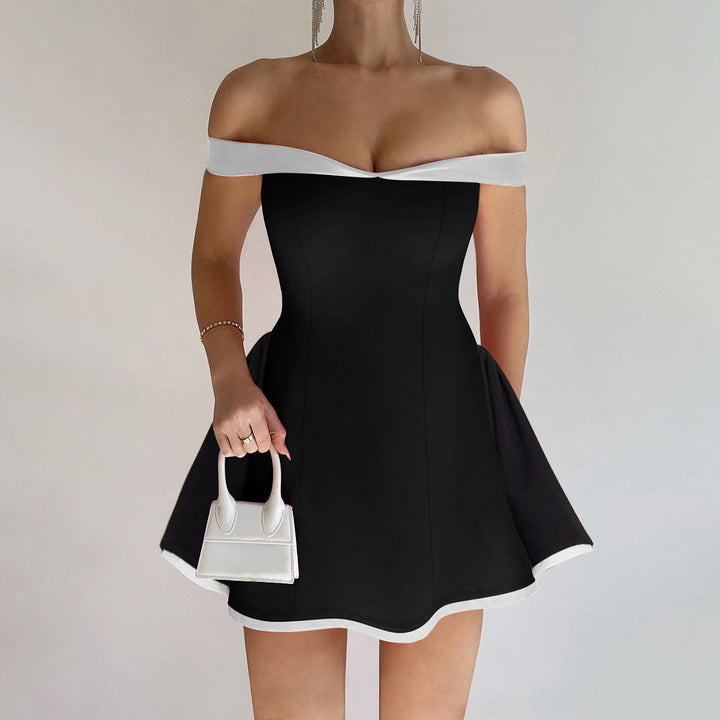 Dame Off-Shoulder Mini-kjole med voluminøst skjørt og kontrasterende sømmer Skjora